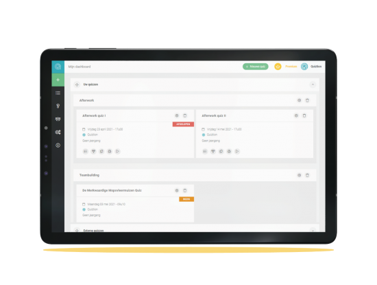 Quiztion Studio dashboard met enkele gegenereerde online quizzen